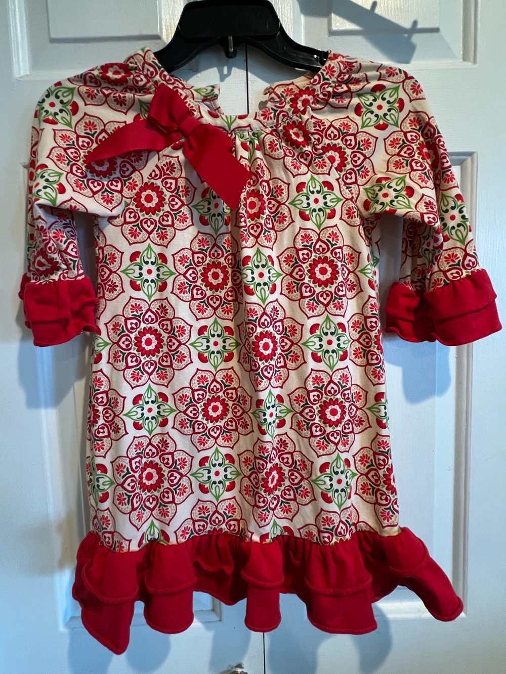 Girls❤️Red & Cream Holiday Print Ruffle Dress Top w Red Bow & Trim